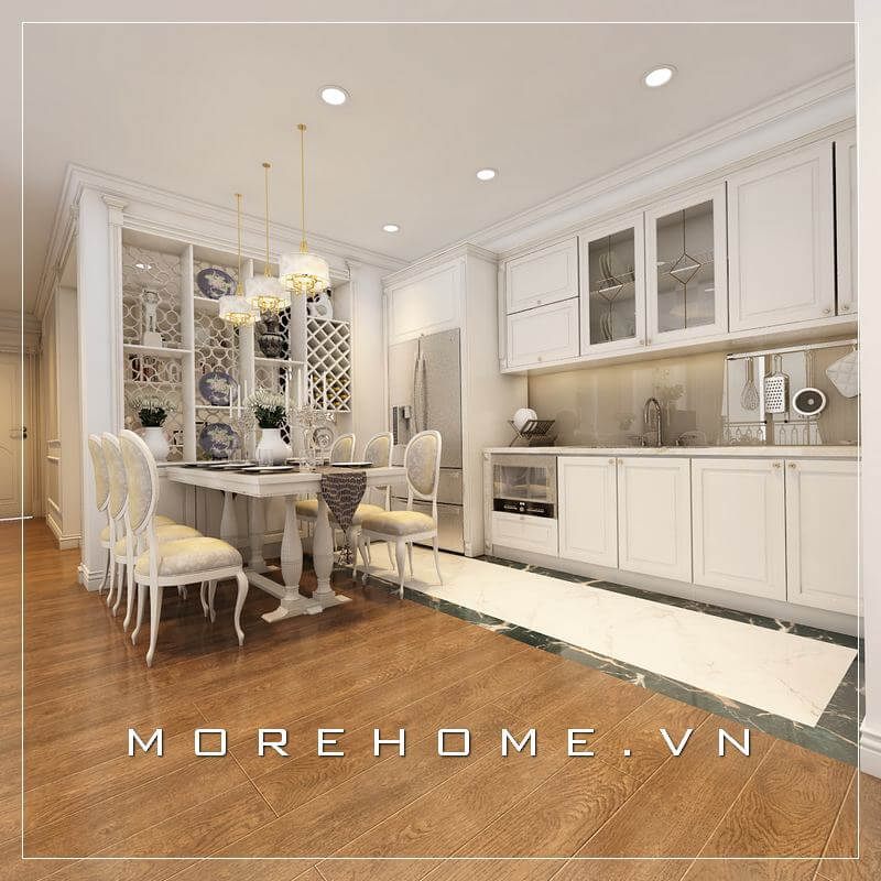Mẫu tủ bếp gỗ tự nhiên màu trắng cao cấp, thiết bị phòng bếp hiện đại mang đến không gian bếp tiện nghi và sang trọng